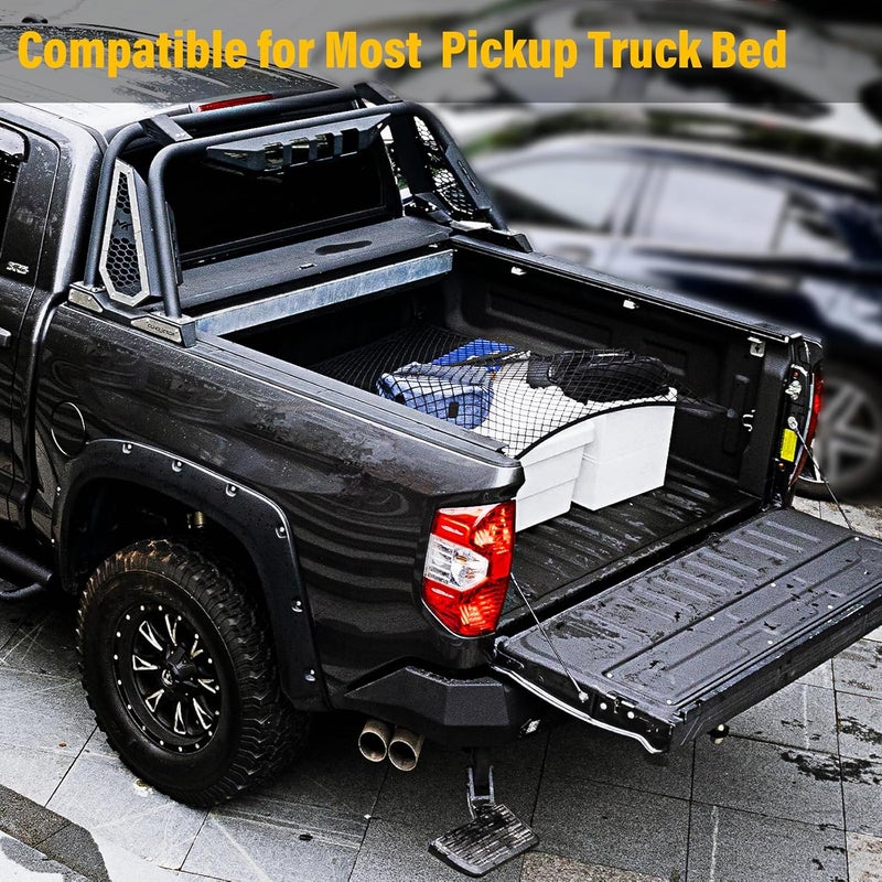Isvo Cargo Net for Pickup Truck Bed, Trucks Cargo Net Mesh Organizer, 4'x4' Stretch to 7'x7' Highly Elastic Truck Bed Net for Camping, Trip Luggage, Compatible with Trailer, Ford, Chevrolet, Dodge - Image 5